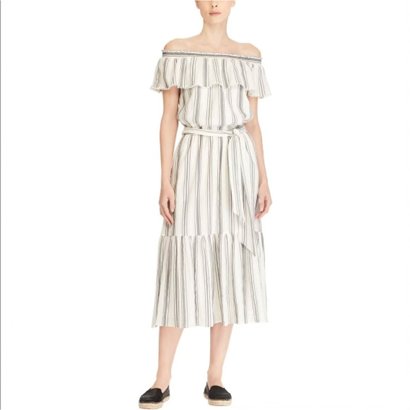 Lauren Ralph Lauren Sahara Stripe Beach Inspired Midi Dress Off the Shoulder 14W - Picture 1 of 11